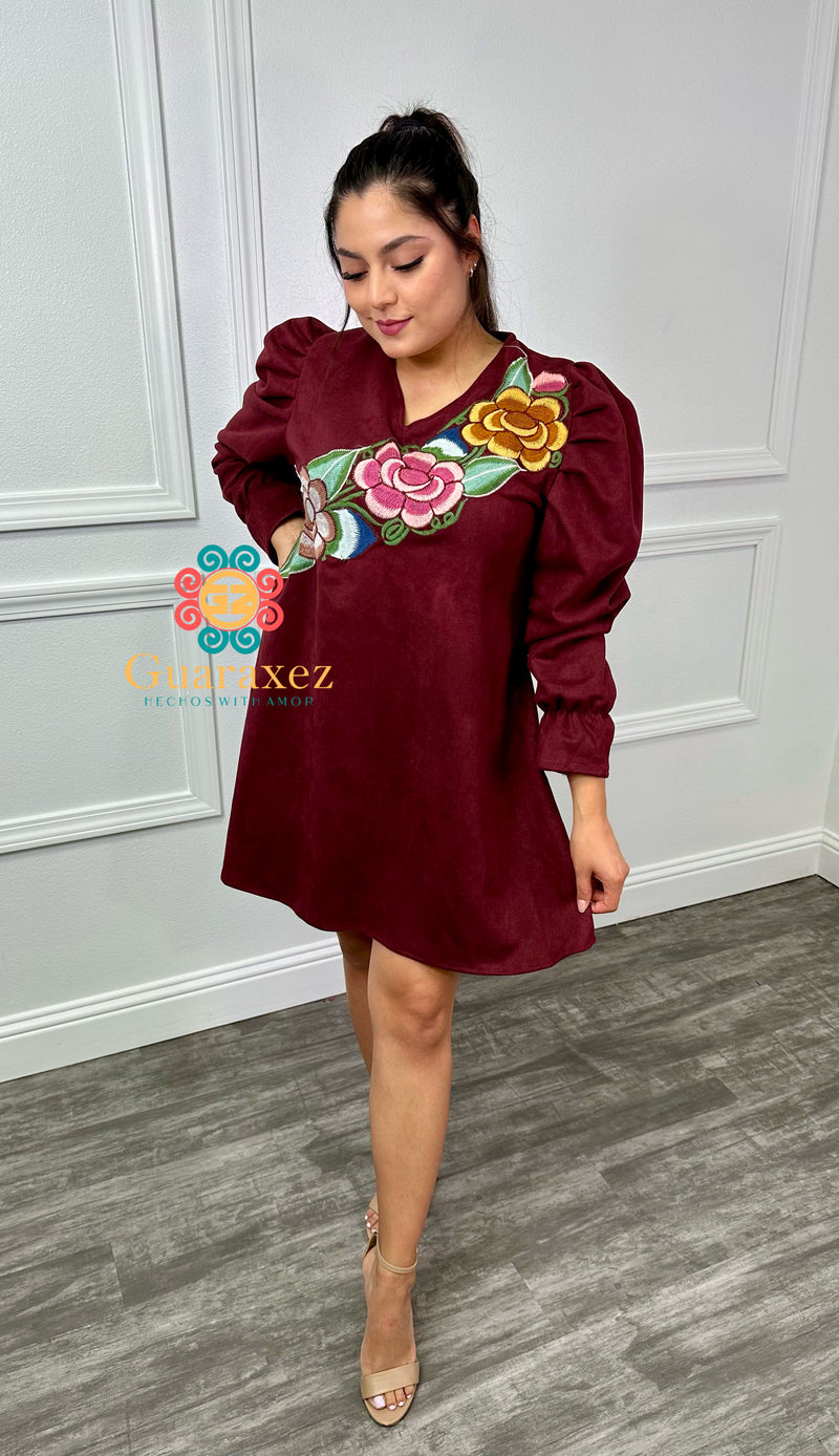 Fall Embroidery Dress Burgandy